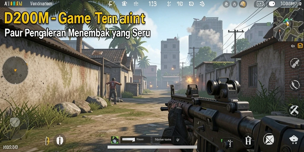 Screenshot gameplay D200M menampilkan aksi menembak yang mendebarkan.