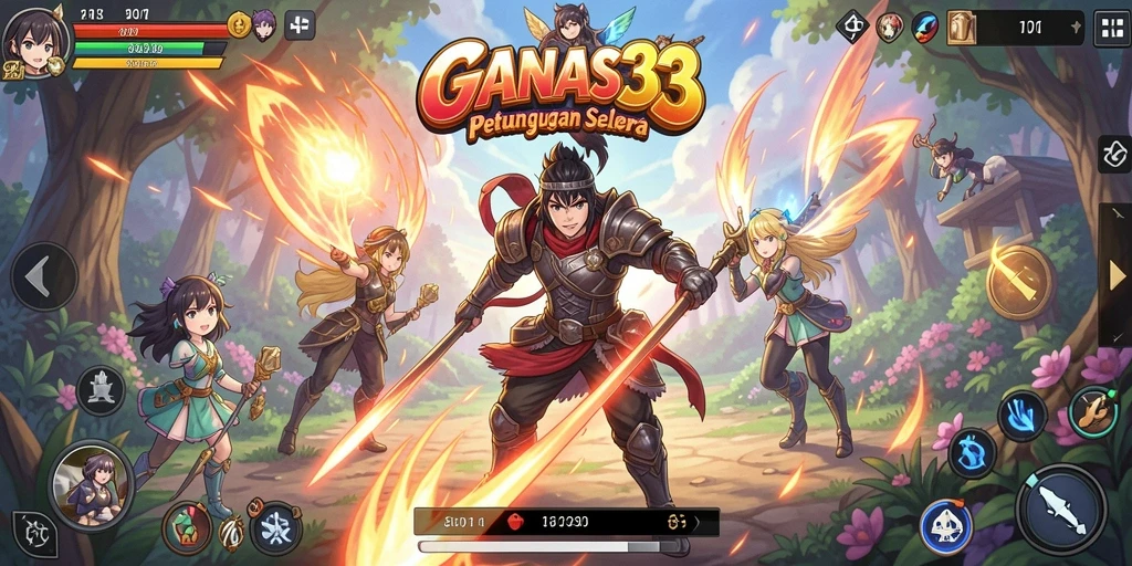 Screenshot gameplay GANAS33 menampilkan aksi karakter anime yang dinamis.