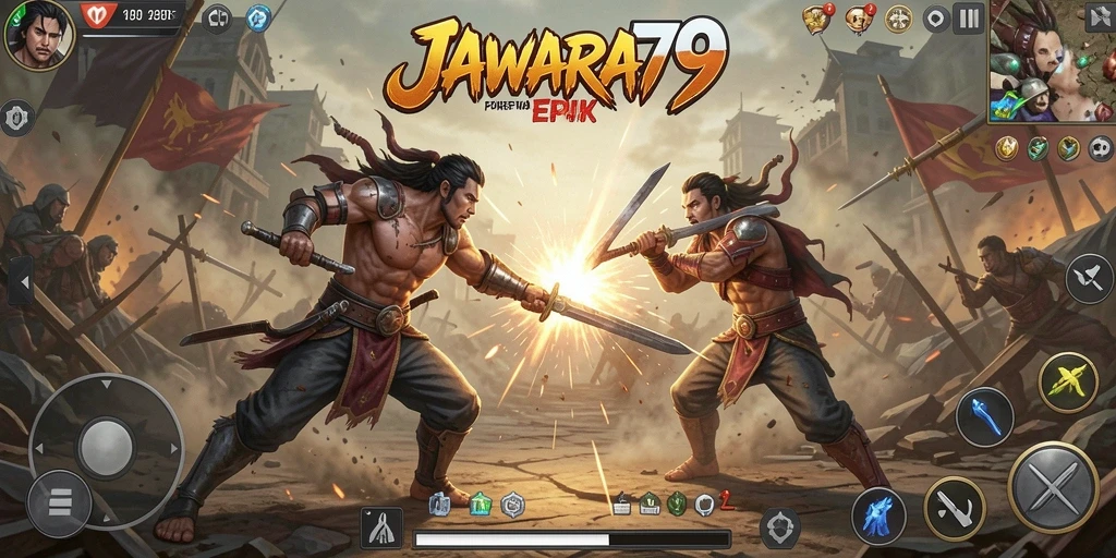 Tampilan gameplay JAWARA79 yang menampilkan pertarungan mendebarkan antara karakter-karakter kuat.