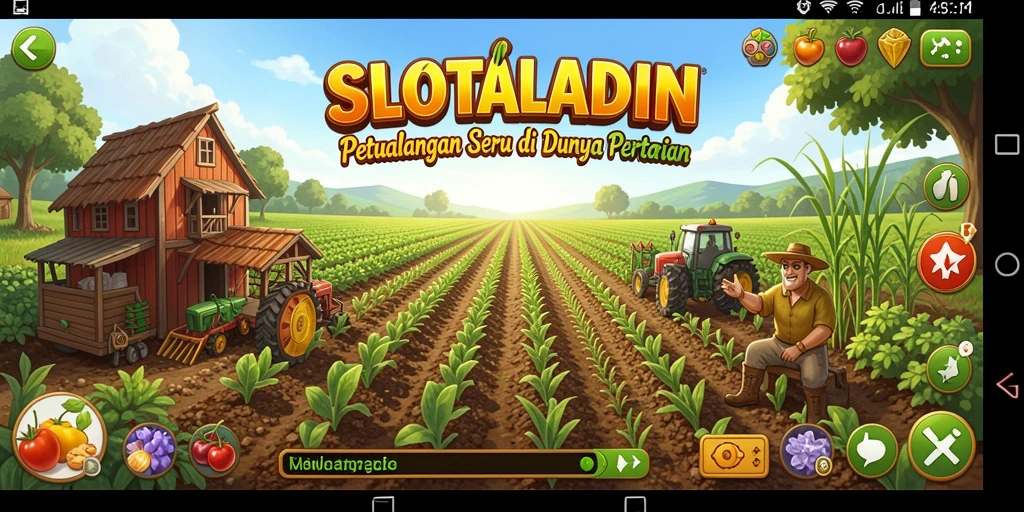 Tampilan gameplay SLOTALADIN yang menampilkan kebun yang indah dan aktivitas bertani.