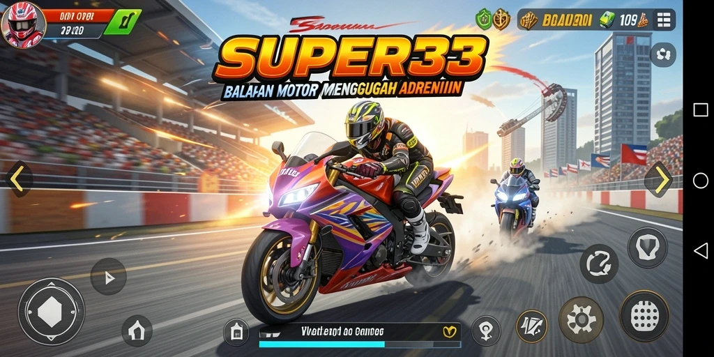 Screenshot gameplay SUPER33 dengan lintasan balapan yang menegangkan.